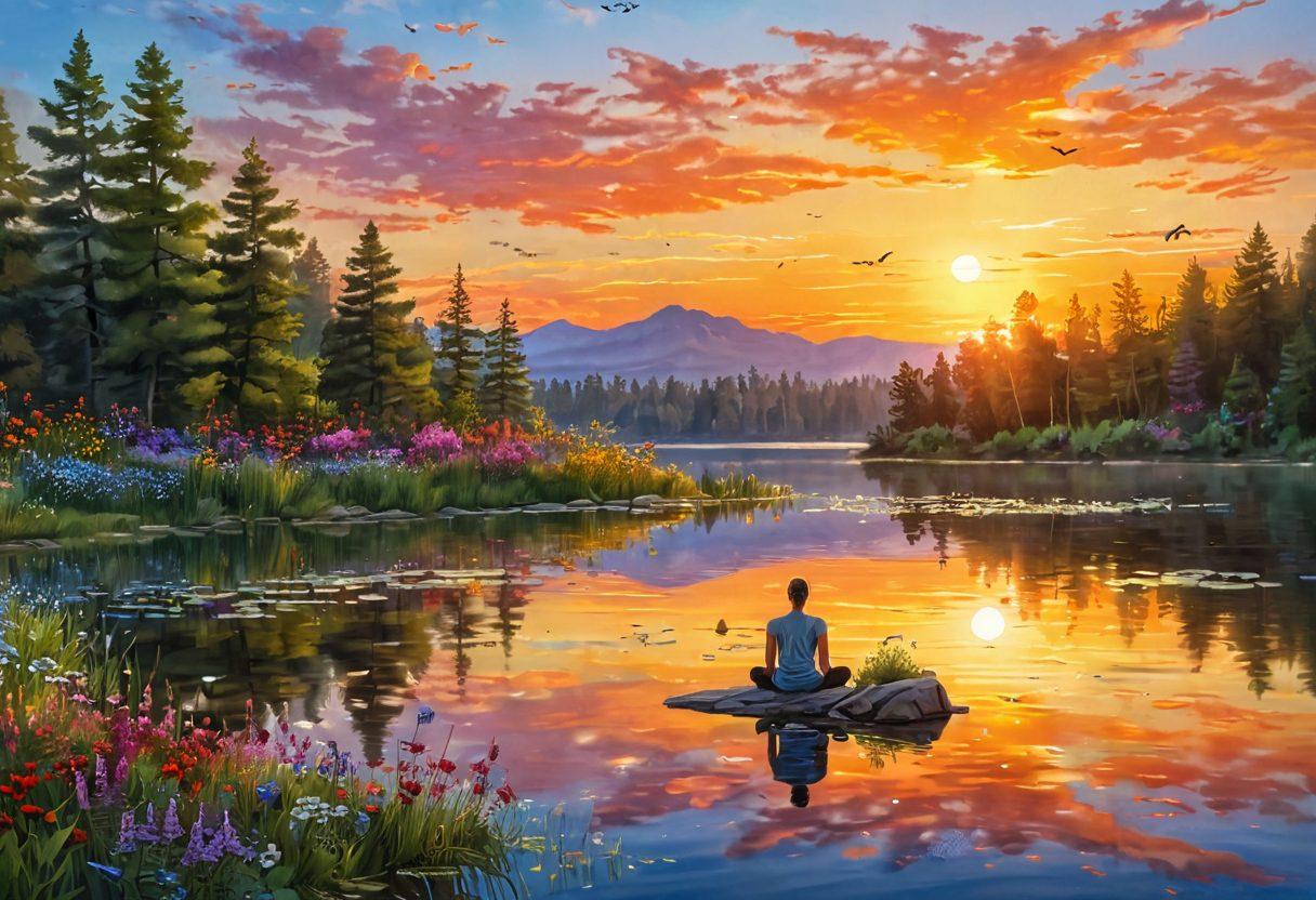 A serene landscape capturing a sunrise over a peaceful lake, where a person meditates on the shore surrounded by blooming wildflowers. The sky radiates warm, bright colors symbolizing hope and joy, while gentle ripples on the water reflect this vibrant energy. Incorporate elements like butterflies and birds soaring, symbolizing freedom and happiness. super-realistic. vibrant colors. nature-inspired.