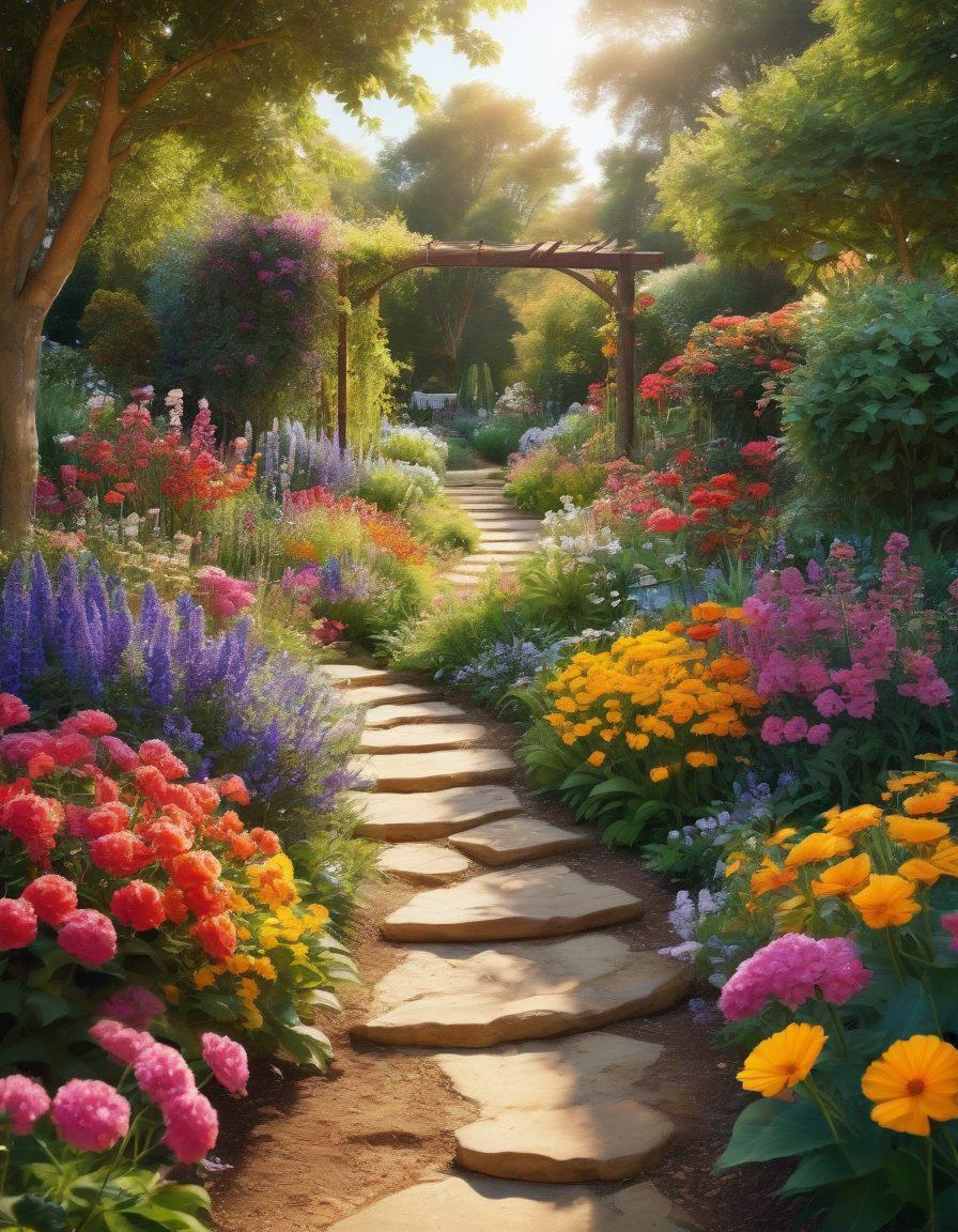 A serene and vibrant garden filled with colorful flowers representing joy and happiness, with a sunlit path inviting exploration. Include cheerful individuals of diverse backgrounds engaging in joyful activities like dancing, laughing, and sharing moments. Soft, warm lighting enhances the uplifting atmosphere, with butterflies and birds adding to the sense of freedom and elation. super-realistic. vibrant colors. nature theme.