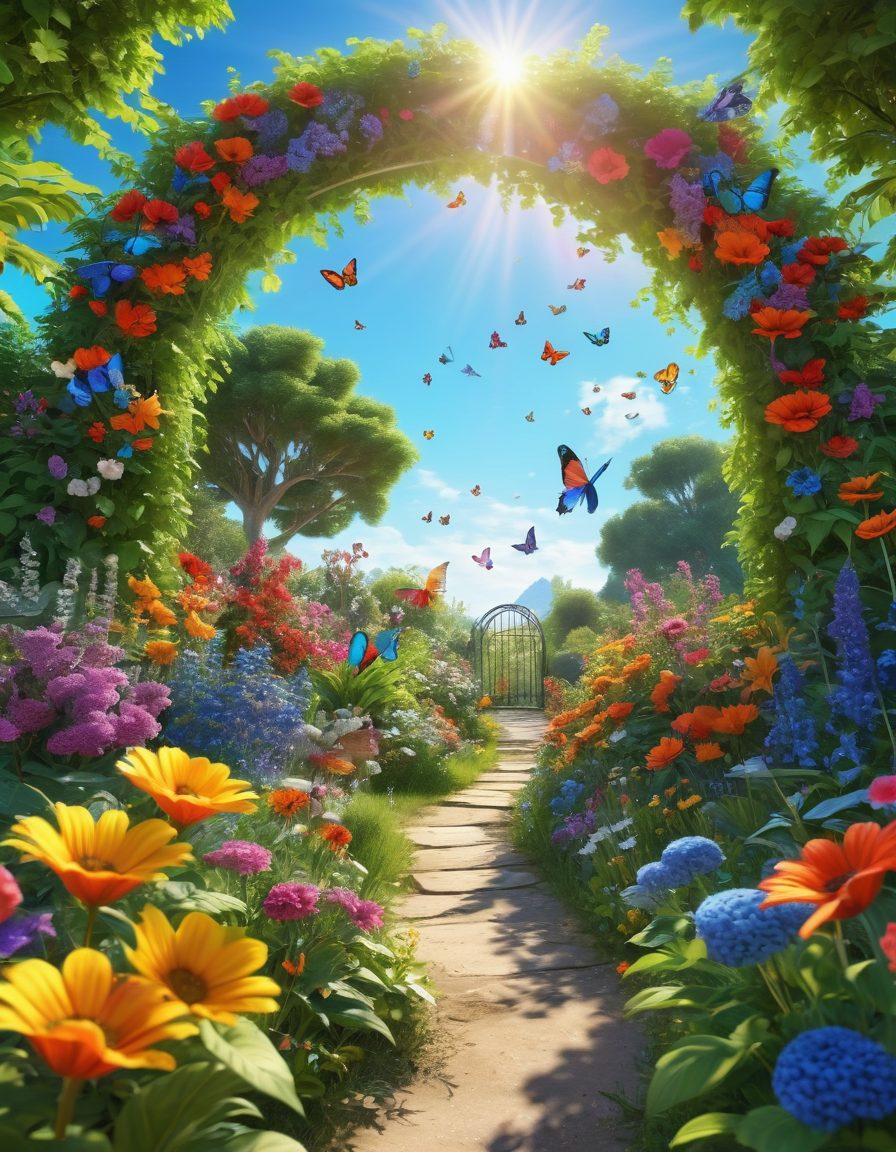 A sunlit garden filled with colorful flowers, a person joyfully tending to the plants, surrounded by butterflies and vibrant greenery. A rainbow arches in the clear blue sky, symbolizing happiness and positivity. Include whimsical elements like smiling suns and cheerful birds. super-realistic. vibrant colors. 3D.